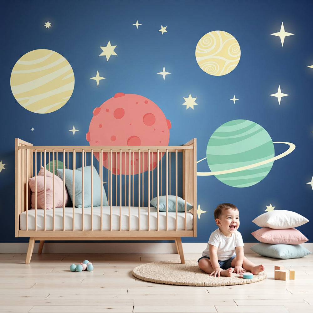 Space planets mural wallpaper transforming modern kids bedroom with colorful cosmic design by Kids-Mundo