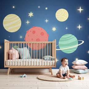 Space planets mural wallpaper transforming modern kids bedroom with colorful cosmic design by Kids-Mundo