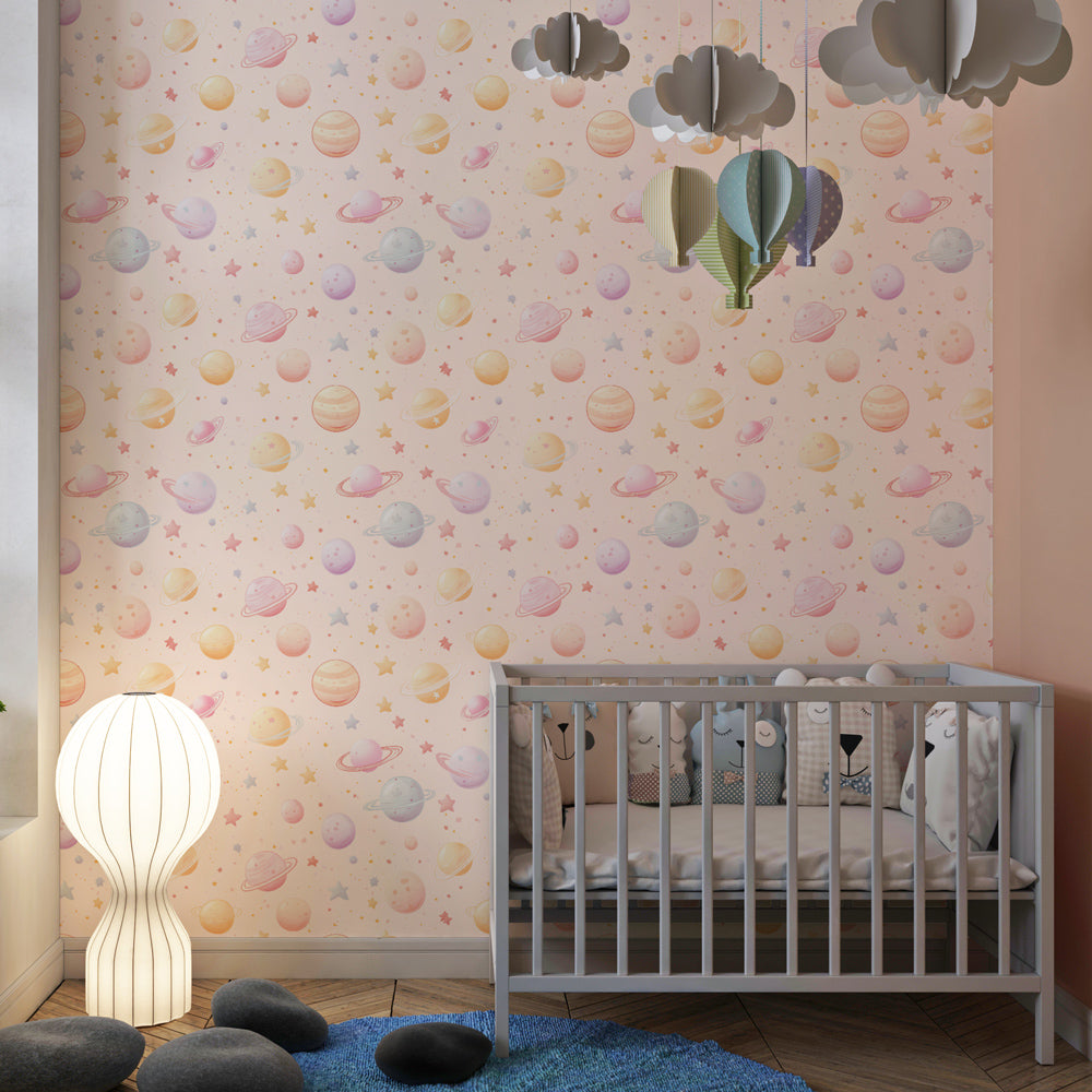 Space planets wallpaper with soft stars decorating modern kids bedroom interior
