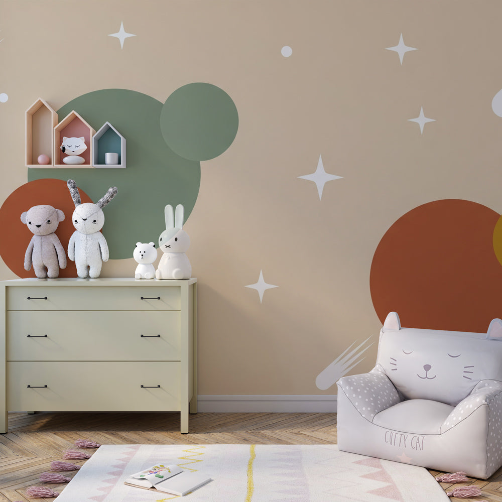 Cosmic adventure wallpaper featuring planets and stars in children's bedroom decor