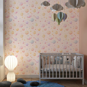 Space planets wallpaper with soft stars decorating modern kids bedroom interior