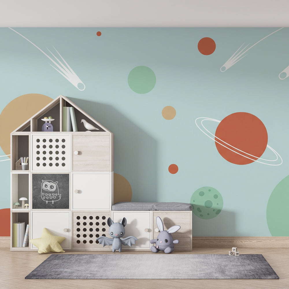 Colorful universe wallpaper creating magical kids bedroom with planets and comets design