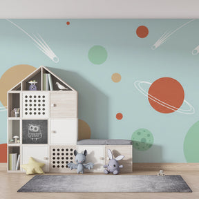 Colorful universe wallpaper creating magical kids bedroom with planets and comets design