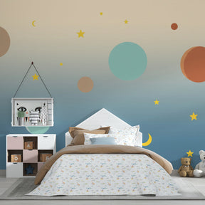 Starry sky mural wallpaper creating magical space theme in children's bedroom decor