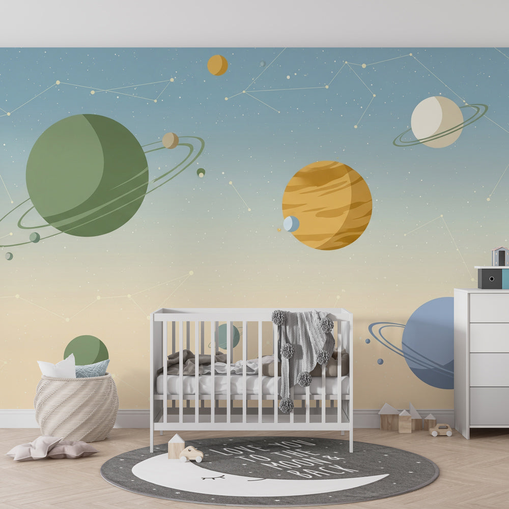 Planetary mural wallpaper transforming modern kids bedroom into space observatory by Kids-Mundo