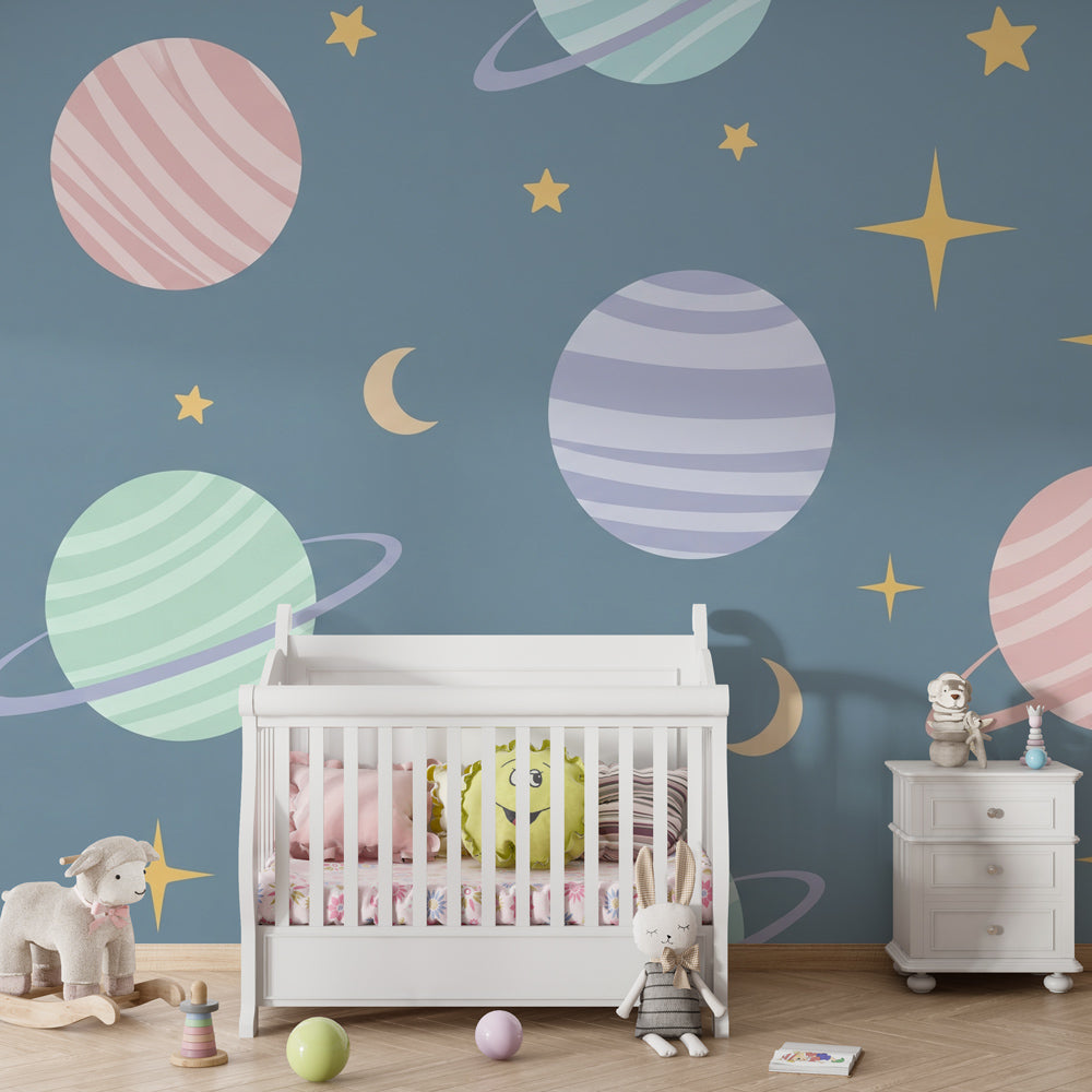 Colorful cosmic planets wallpaper creating magical kids bedroom atmosphere