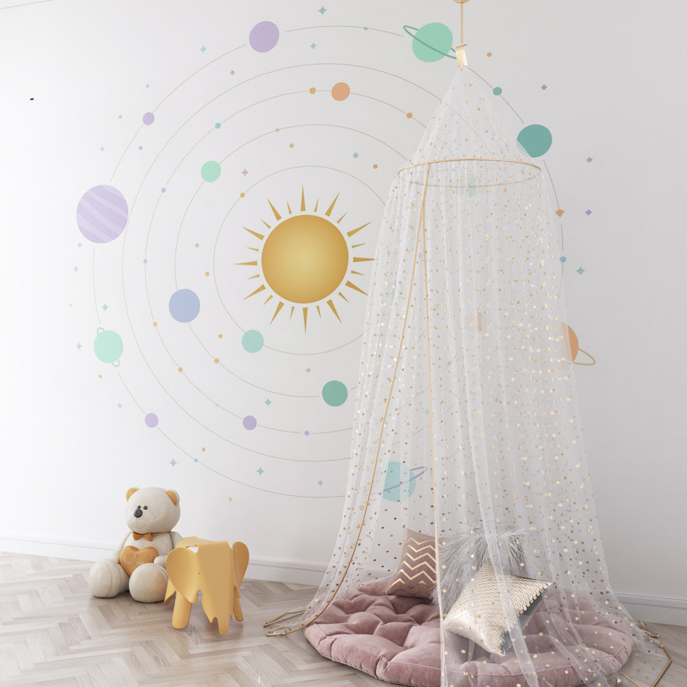 Pastel planets wallpaper creating dreamy space-themed kids bedroom with soft colors