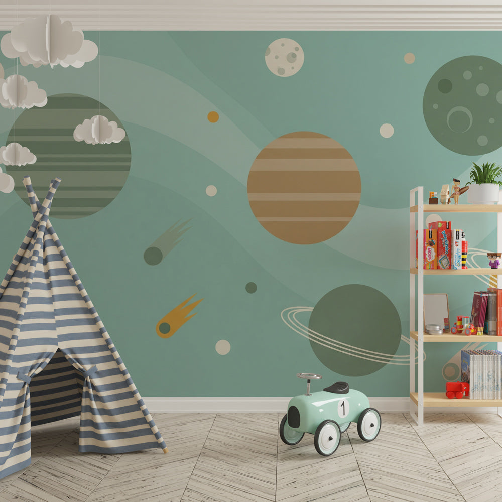Colorful universe mural wallpaper transforming kids bedroom with planets and stars design