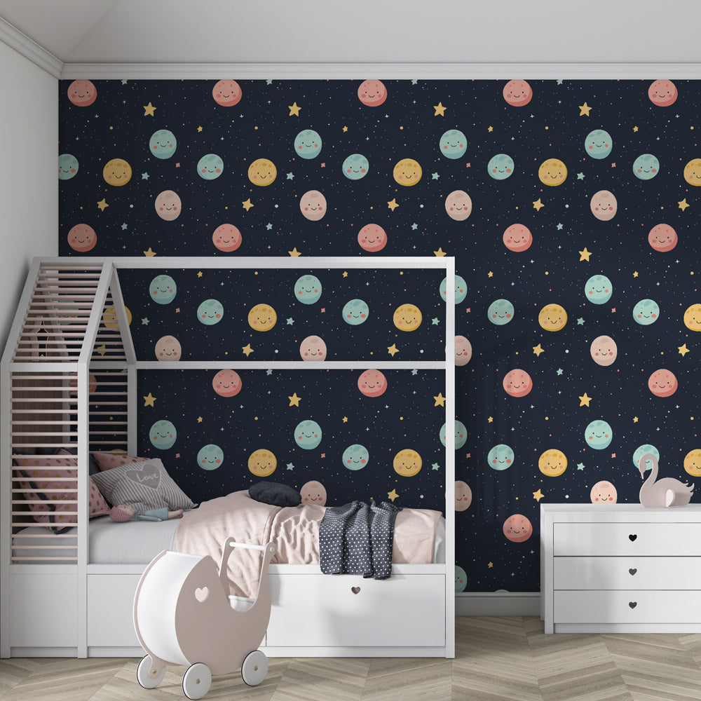 Starry sky planets wallpaper creating magical kids bedroom atmosphere with soft colors