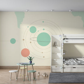 Colorful planets wallpaper transforming modern children's bedroom with astronomical theme