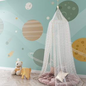 Space theme mural wallpaper for children's room featuring gentle planets on blue background