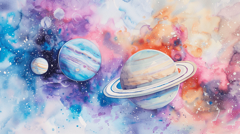 Detailed watercolor space planets mural wallpaper design pattern with blue nebulae by Kids-Mundo