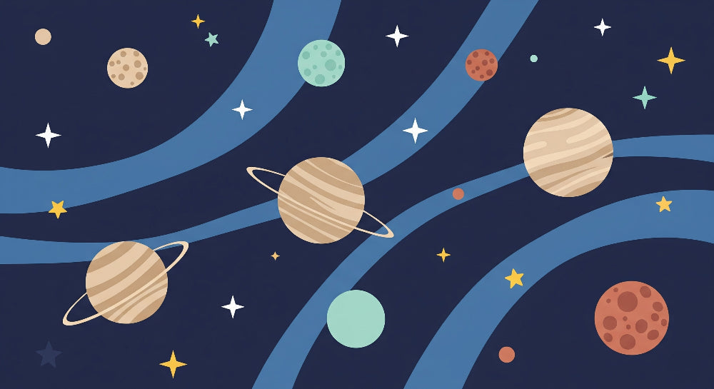 Detailed space planets mural wallpaper design pattern with floating celestial bodies by Kids-Mundo