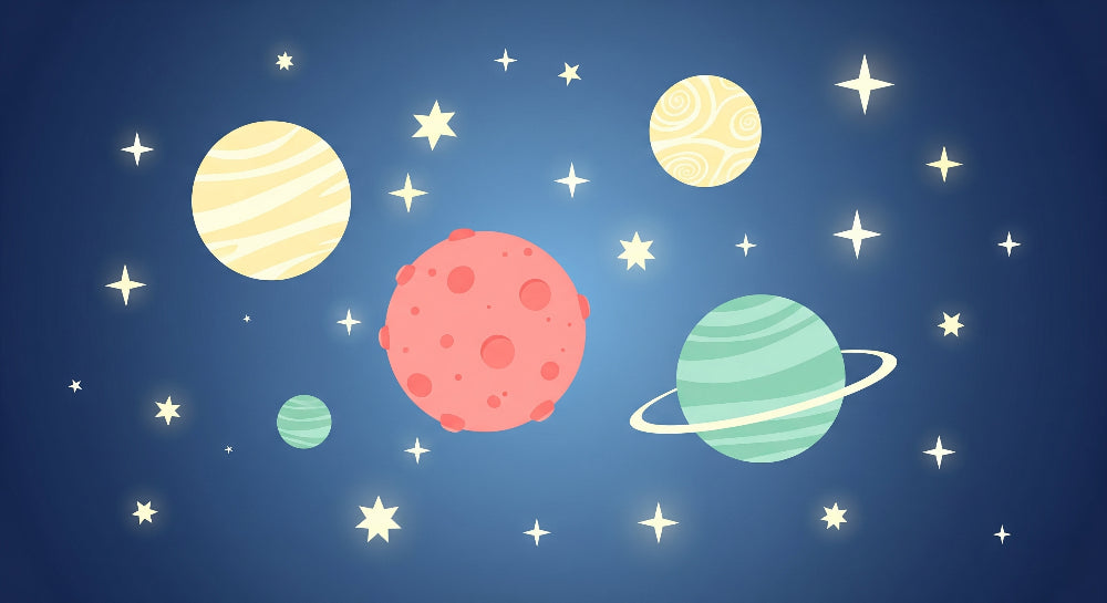 Detailed space planets mural wallpaper design pattern showing colorful cosmic elements by Kids-Mundo