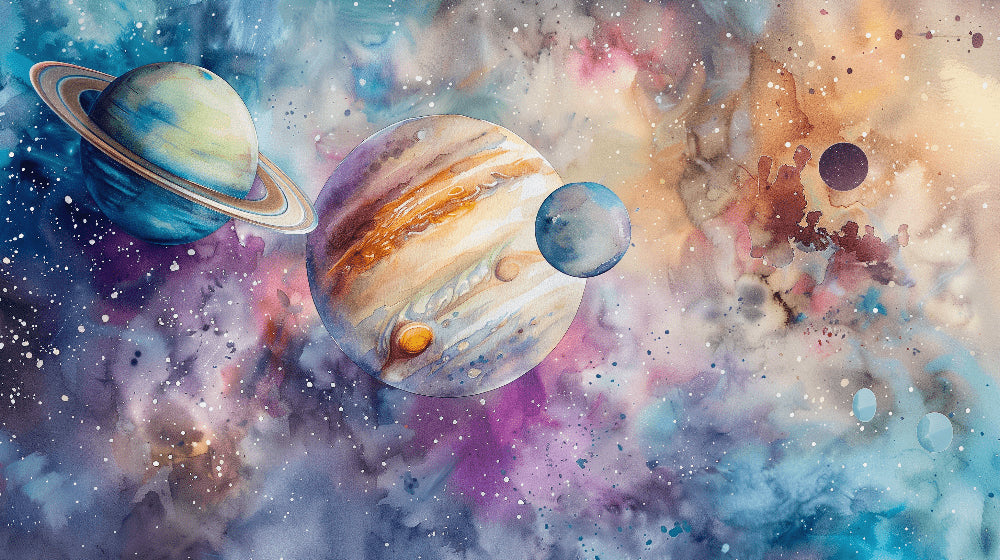 Detailed watercolor space planets mural wallpaper design pattern by Kids-Mundo