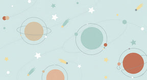 Detailed space planets mural wallpaper design pattern with pastel colors and stars by Kids-Mundo