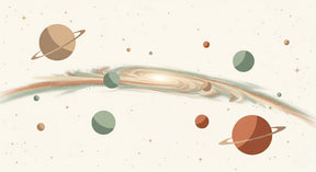 Detailed space planets mural wallpaper design pattern showing floating planets and cosmic elements by Kids-Mundo