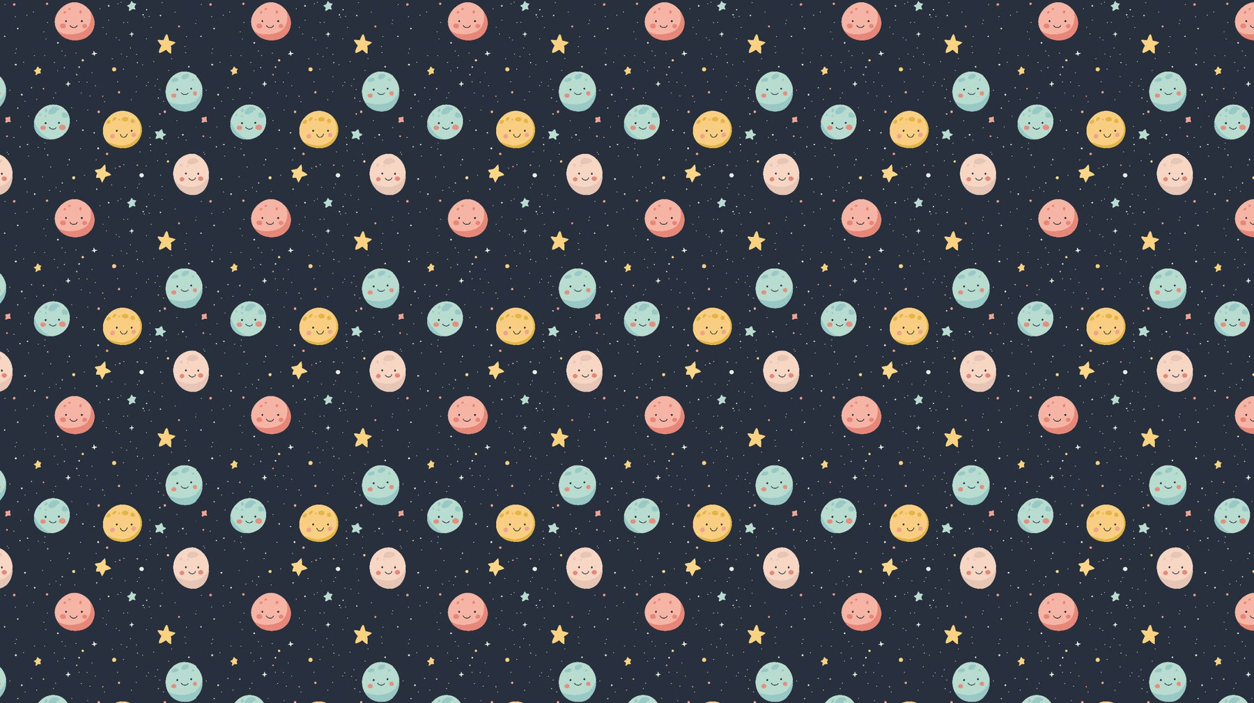 Detailed space planets mural wallpaper design pattern with smiling faces by Kids-Mundo
