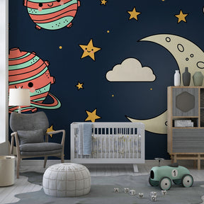 Cosmic themed mural wallpaper featuring smiling planets in modern children's bedroom