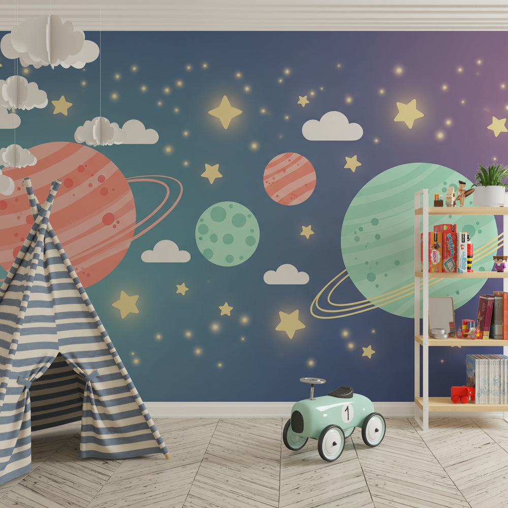 Colorful space planets wallpaper transforming modern kids bedroom into cosmic adventure
