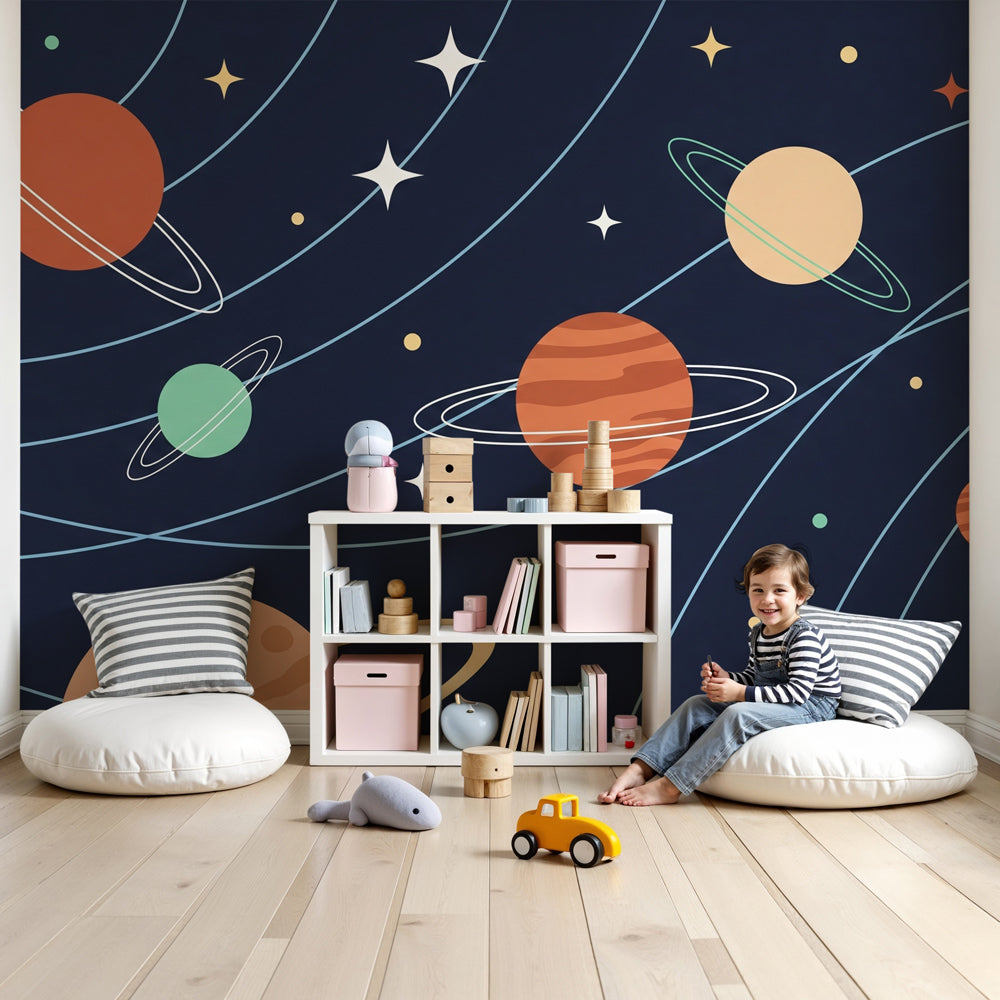 Space planets mural wallpaper in modern nursery with navy blue cosmos and colorful planets by Kids-Mundo