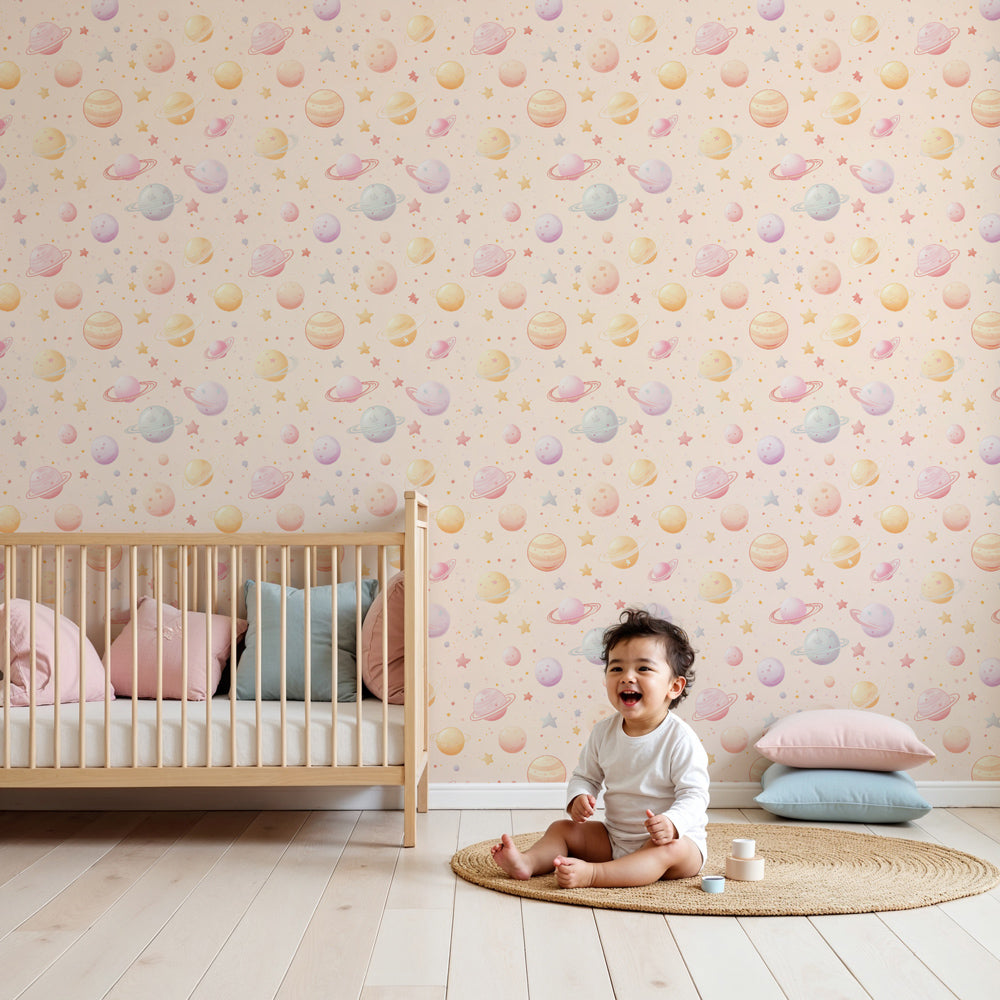 Pastel space planets mural wallpaper creating dreamy cosmic nursery atmosphere by Kids-Mundo