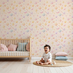 Pastel space planets mural wallpaper creating dreamy cosmic nursery atmosphere by Kids-Mundo