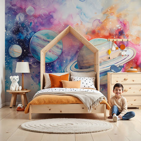 Watercolor space planets mural wallpaper in modern nursery with cosmic theme by Kids-Mundo