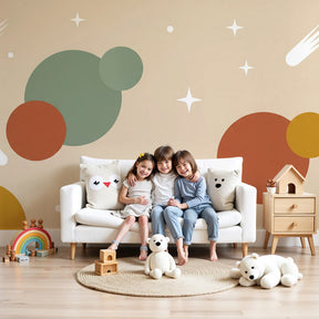 Space planets mural wallpaper with colorful galaxy theme in modern kids nursery by Kids-Mundo
