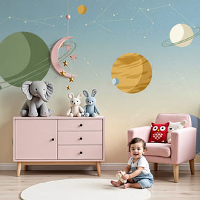 Space planets mural wallpaper creating cosmic nursery atmosphere with colorful celestial design by Kids-Mundo