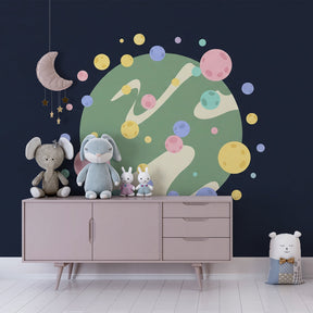 Colorful floating planets wallpaper transforming nursery into cosmic adventure space by Kids-Mundo
