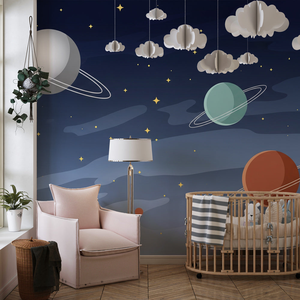Colorful universe planets wallpaper transforming nursery into starry night sanctuary