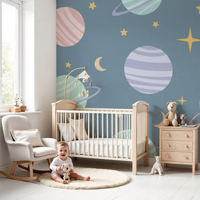 Space planets mural wallpaper in modern nursery with cosmic theme by Kids-Mundo