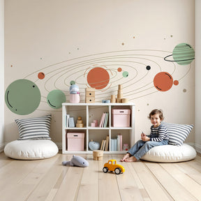 Space planets mural wallpaper creating cosmic nursery decor with colorful solar system by Kids-Mundo