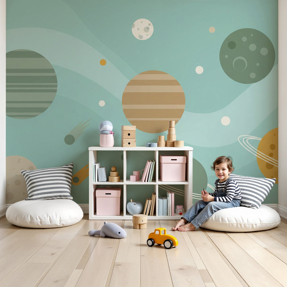 Space planets mural wallpaper creating cosmic nursery atmosphere with colorful planets by Kids-Mundo