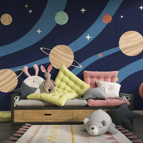 Colorful planets wallpaper inspiring cosmic adventures in modern children's playroom