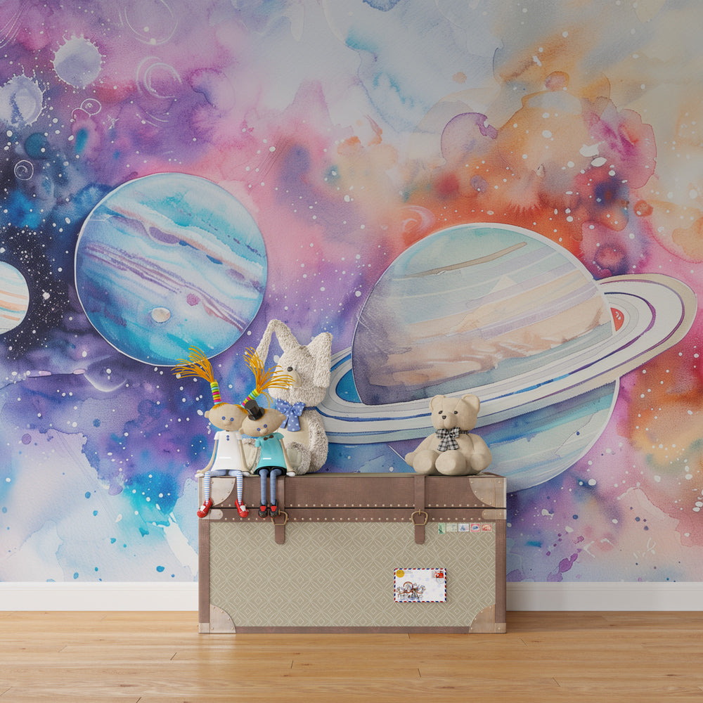 Colorful space mural wallpaper creating magical cosmic atmosphere in children's playroom