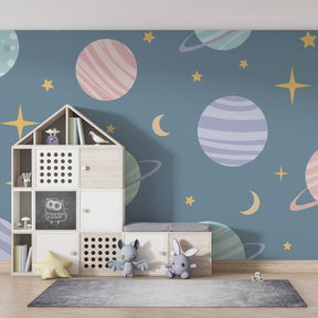 Universe themed mural wallpaper transforming children's playroom into space adventure