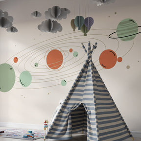 Educational space mural wallpaper with orbital patterns for modern kids playroom by Kids-Mundo
