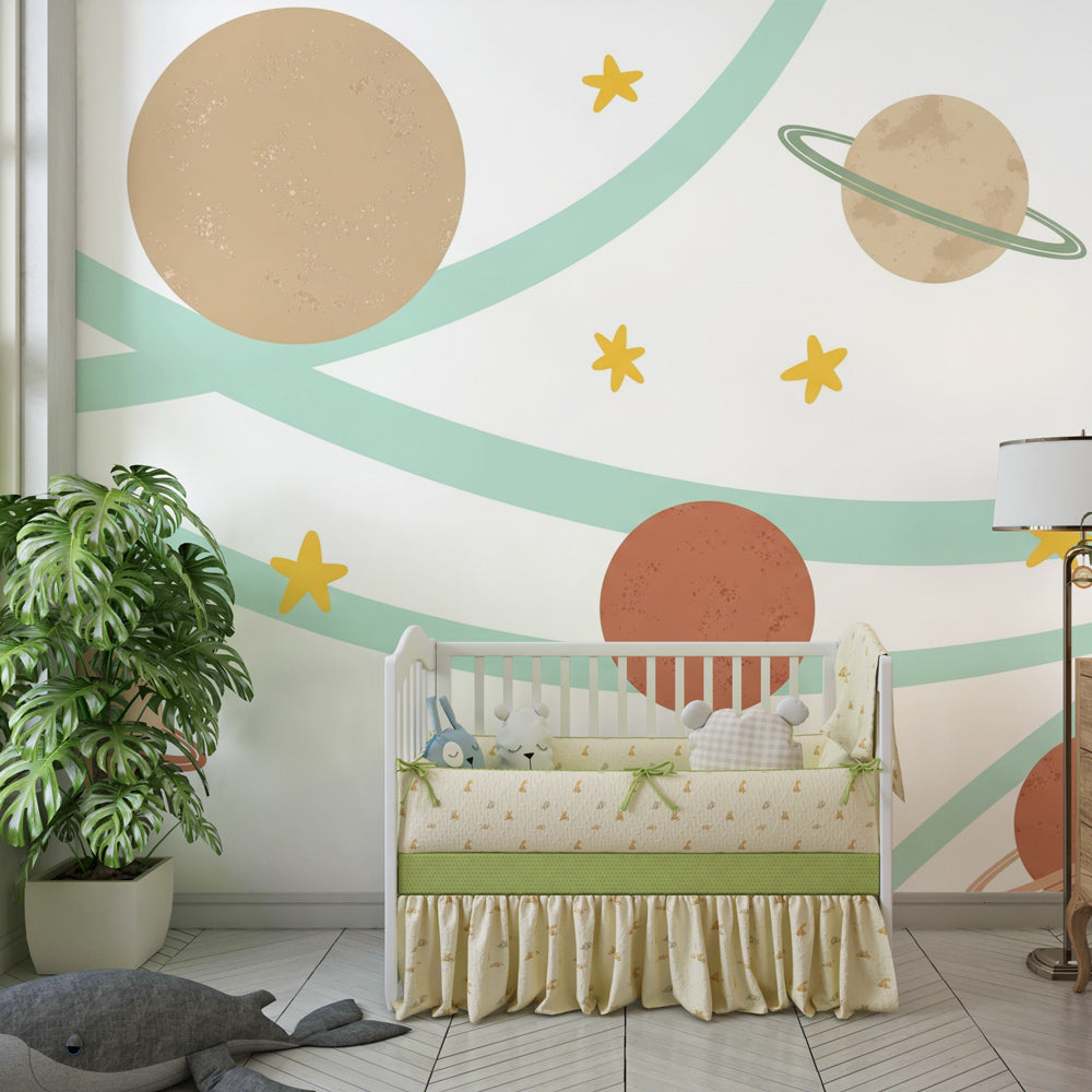 Educational space wallpaper with planets and stars for inspiring kids playroom decor