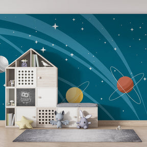 Vibrant planetary mural wallpaper inspiring space exploration in children's playroom