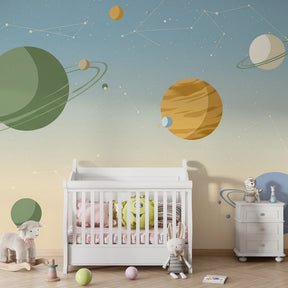 Educational space wallpaper featuring planets and stars for inspiring children's playroom decor