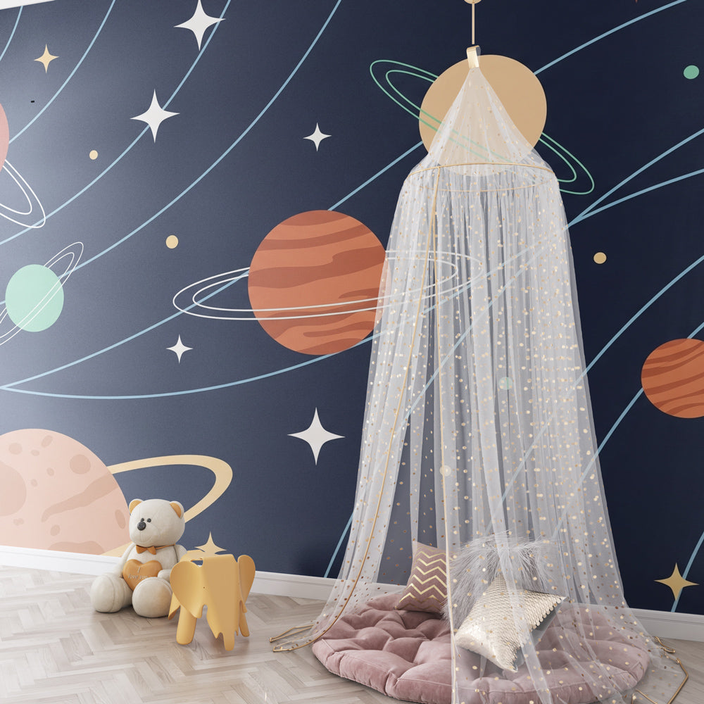 Space themed mural wallpaper with planets and stars for educational kids playroom by Kids-Mundo