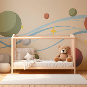 Space themed mural wallpaper inspiring cosmic adventures in children's playroom setting