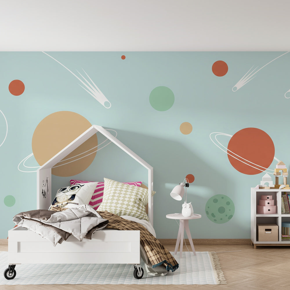 Space-themed mural wallpaper transforming playroom into cosmic adventure by Kids-Mundo