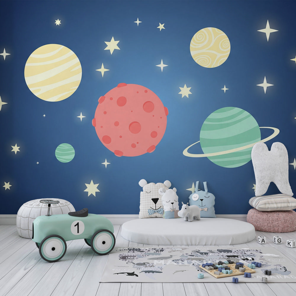 Colorful space-themed mural wallpaper inspiring adventure and learning in children's playroom