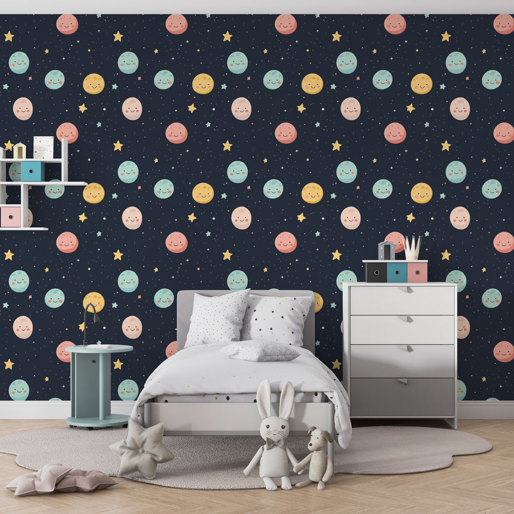 Cheerful space theme mural wallpaper transforming children's playroom into galaxy