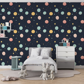 Cheerful space theme mural wallpaper transforming children's playroom into galaxy