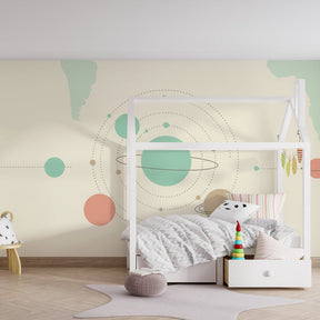 Solar system mural wallpaper for kids room featuring pastel planets and minimalist space design