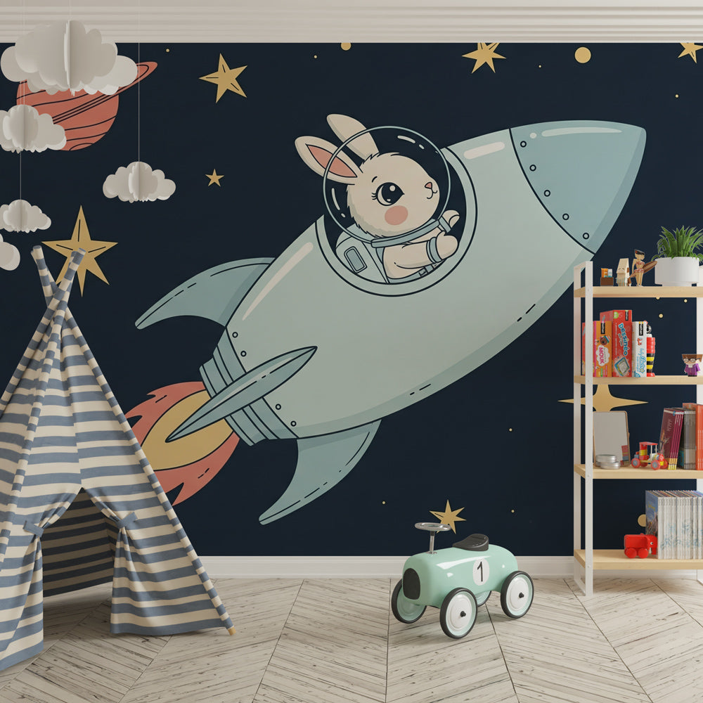 Galaxy themed children's bedroom featuring rabbit astronaut wallpaper with silver rocket and stars